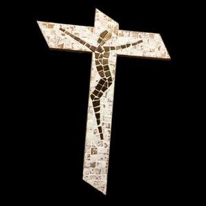 MCM Tile Mosaic Wall Crucifix Quebec Canada White Gold Bronze Missing Veneer Vtg